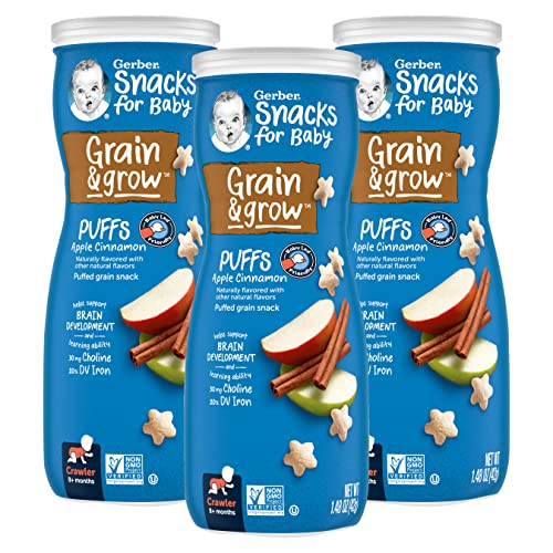 Gerber Snacks for Baby Grain & Grow Puffs, Apple Cinnamon, Non-GMO with No Artificial Flavors or Sweeteners, Puffed Grain Baby Snack, 1.48 OZ (Pack of 3)